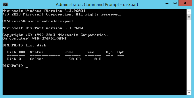 Windows Server Disk Genişletme Komut İstemi Görüntüsü