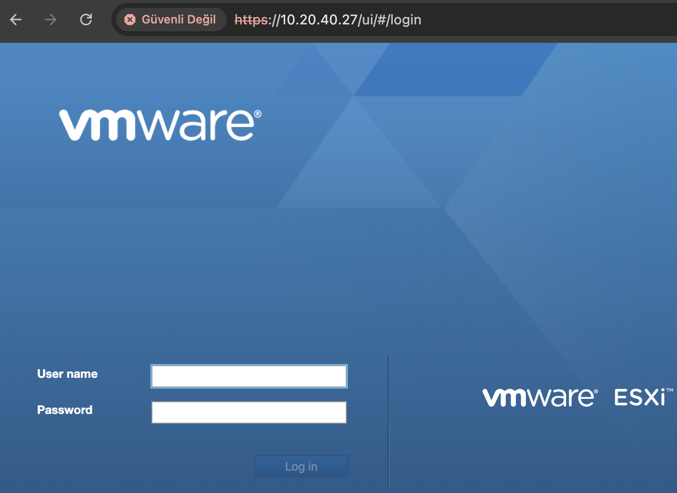ESXi Web Arayüz Giriş Ekranı