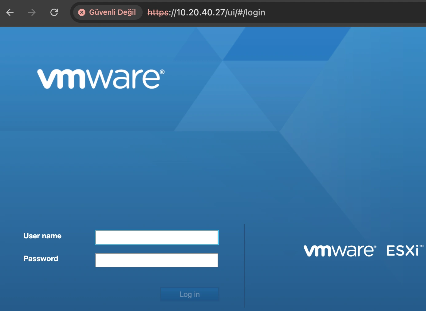 ESXi Web Arayüzü Giriş Ekranı ile IP girişi